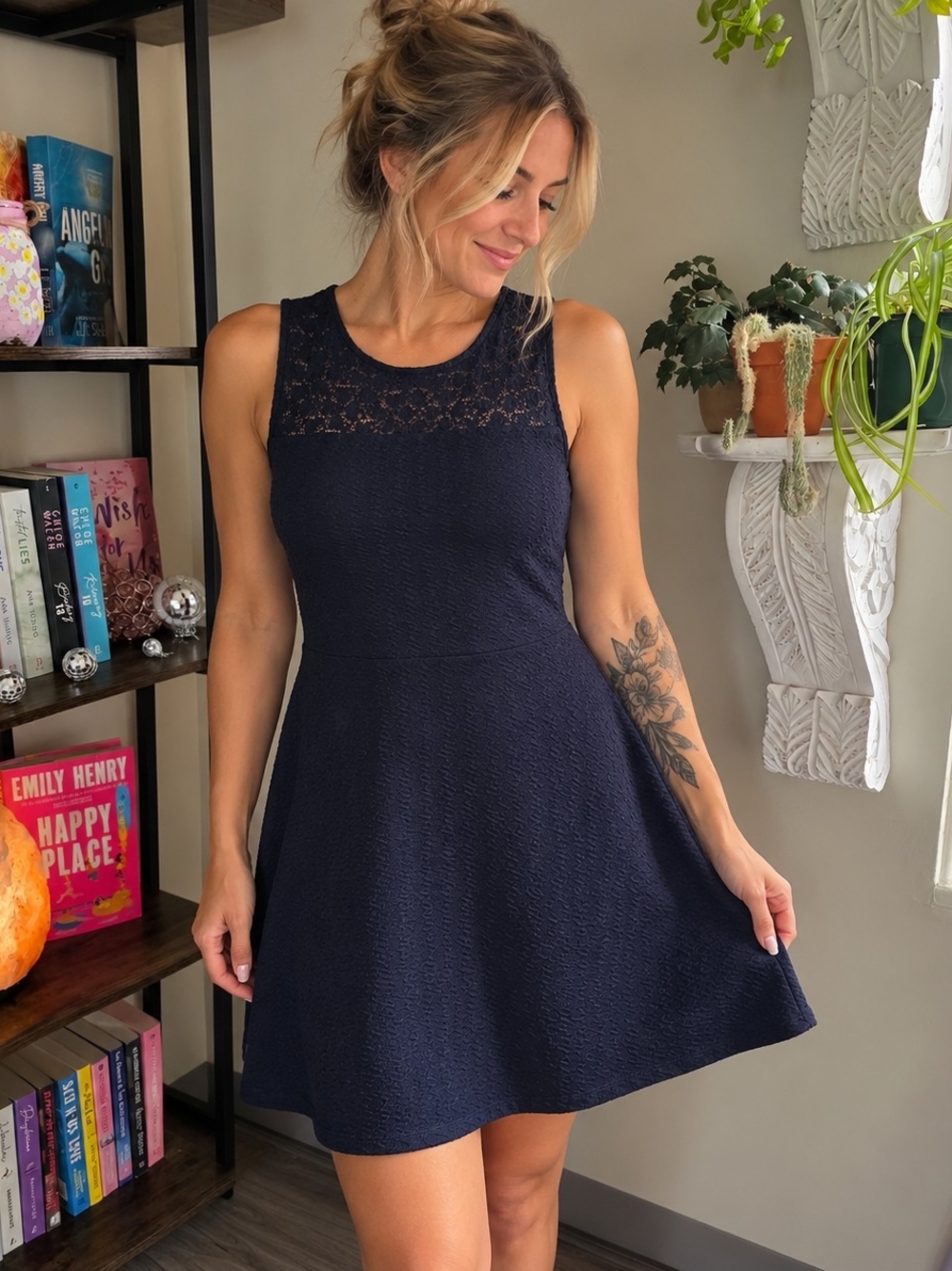 Joe Fresh Navy Lace Yoke Fit-and-Flare Dress